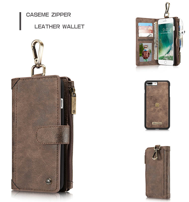 CaseMe 009 iPhone 7 Plus Metal Buckle Zipper Wallet Detachable Folio Case Coffee