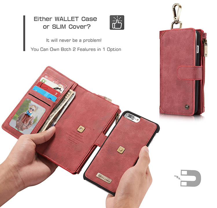 CaseMe 009 iPhone 7 Plus Metal Buckle Zipper Wallet Detachable Folio Case Red