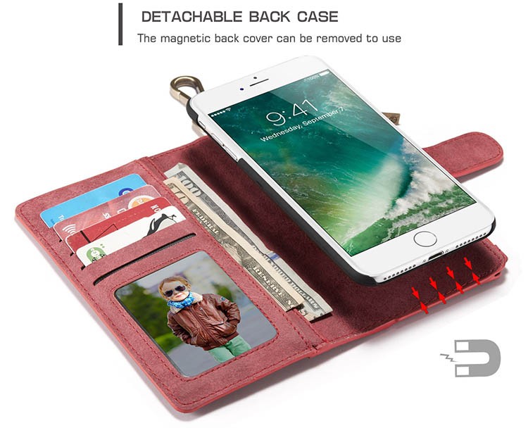 CaseMe 009 iPhone 7 Plus Metal Buckle Zipper Wallet Detachable Folio Case Red