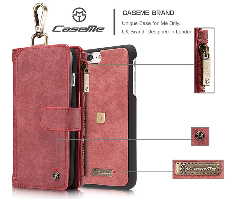 CaseMe 009 iPhone 7 Plus Metal Buckle Zipper Wallet Detachable Folio Case Red