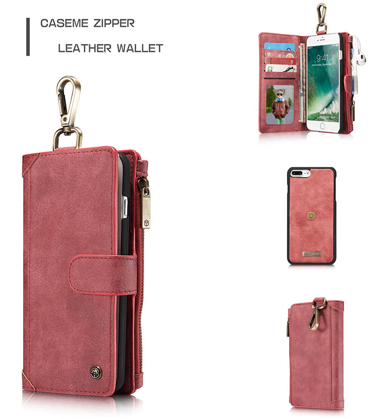 CaseMe 009 iPhone 7 Plus Metal Buckle Zipper Wallet Detachable Folio Case Red