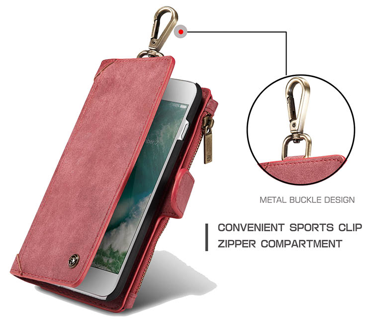 CaseMe 009 iPhone 7 Plus Metal Buckle Zipper Wallet Detachable Folio Case Red