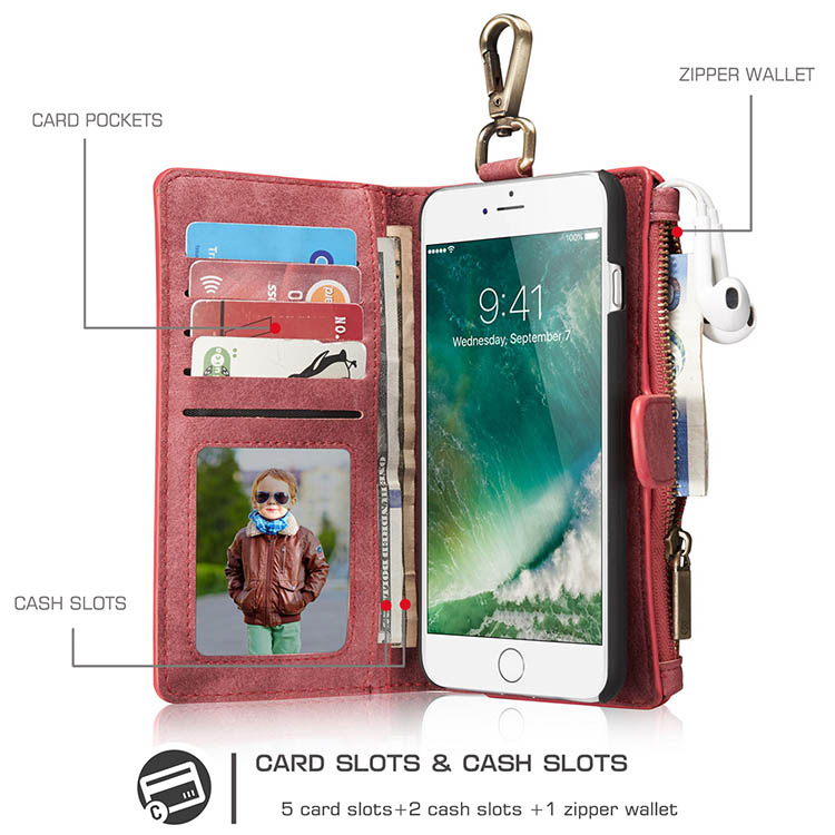 CaseMe 009 iPhone 7 Plus Metal Buckle Zipper Wallet Detachable Folio Case Red