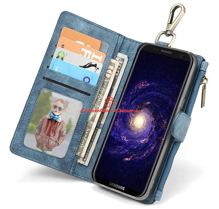 CaseMe Samsung Galaxy S8 Plus Metal Buckle Zipper Wallet Detachable Folio Case Blue