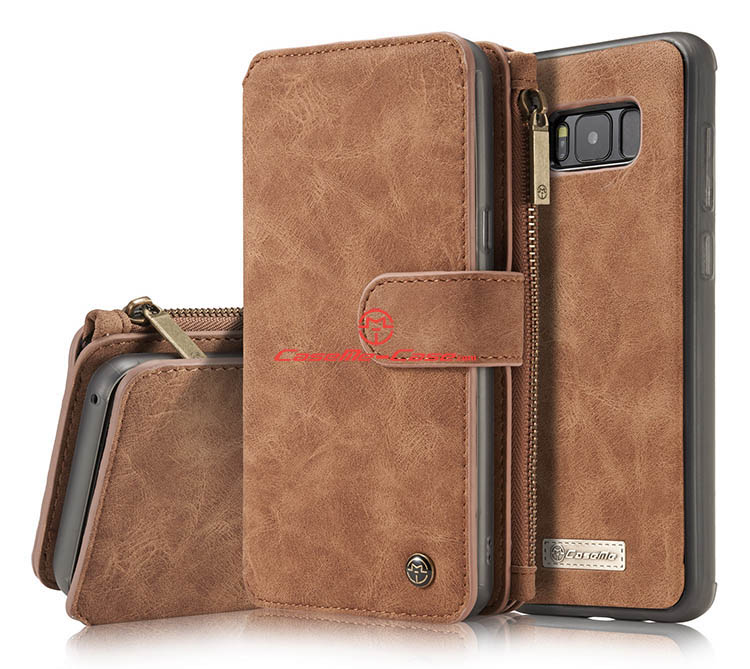 CaseMe Samsung Galaxy S8 Zipper Wallet Detachable 2 in 1 Flip Case Brown