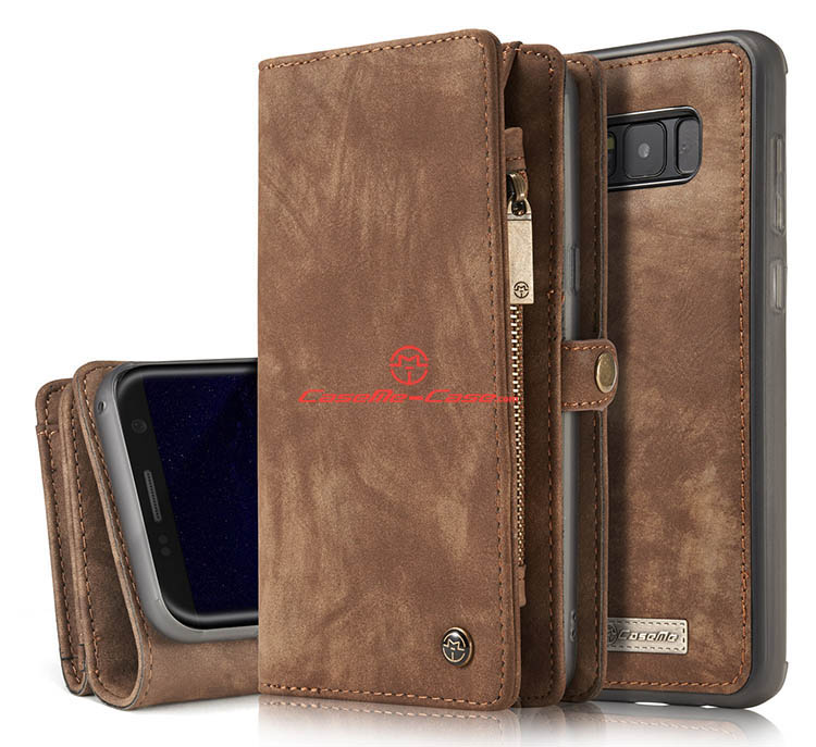 CaseMe Samsung Galaxy S8 Zipper Wallet Detachable 2 in 1 Folio Case Brown