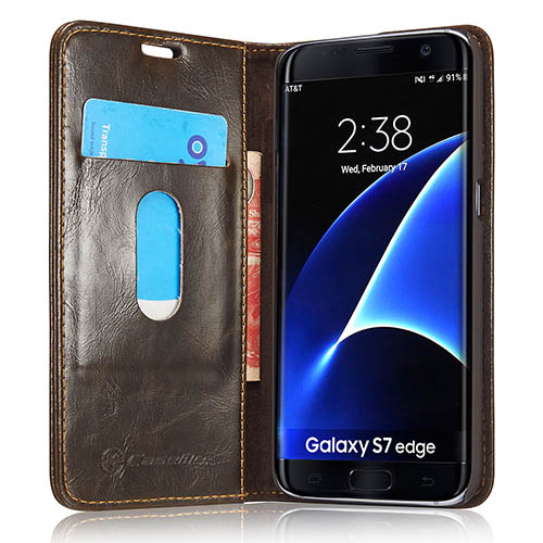 CaseMe Samsung Galaxy S7 Edge Magnetic Flip Leather Wallet Case Brown