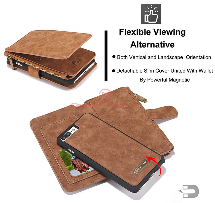 CaseMe iPhone 8 Plus Zipper Wallet Detachable Flip Case Brown