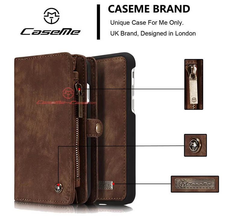 CaseMe iPhone 8 Zipper Wallet Detachable Folio Case Brown