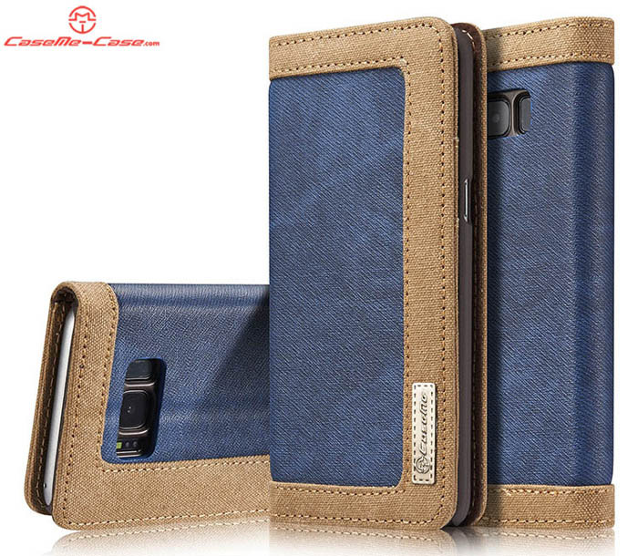 CaseMe Samsung Galaxy S8 Plus Canvas Leather Stand Wallet Case Blue