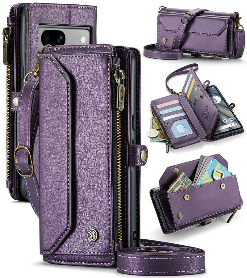 CaseMe Google Pixel 7A Wallet RFID Blocking Crossbody Case Support Wireless Charging Purple