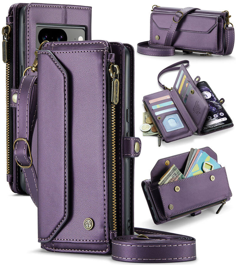 CaseMe Google Pixel 8 Wallet RFID Blocking Crossbody Case Support Wireless Charging Purple