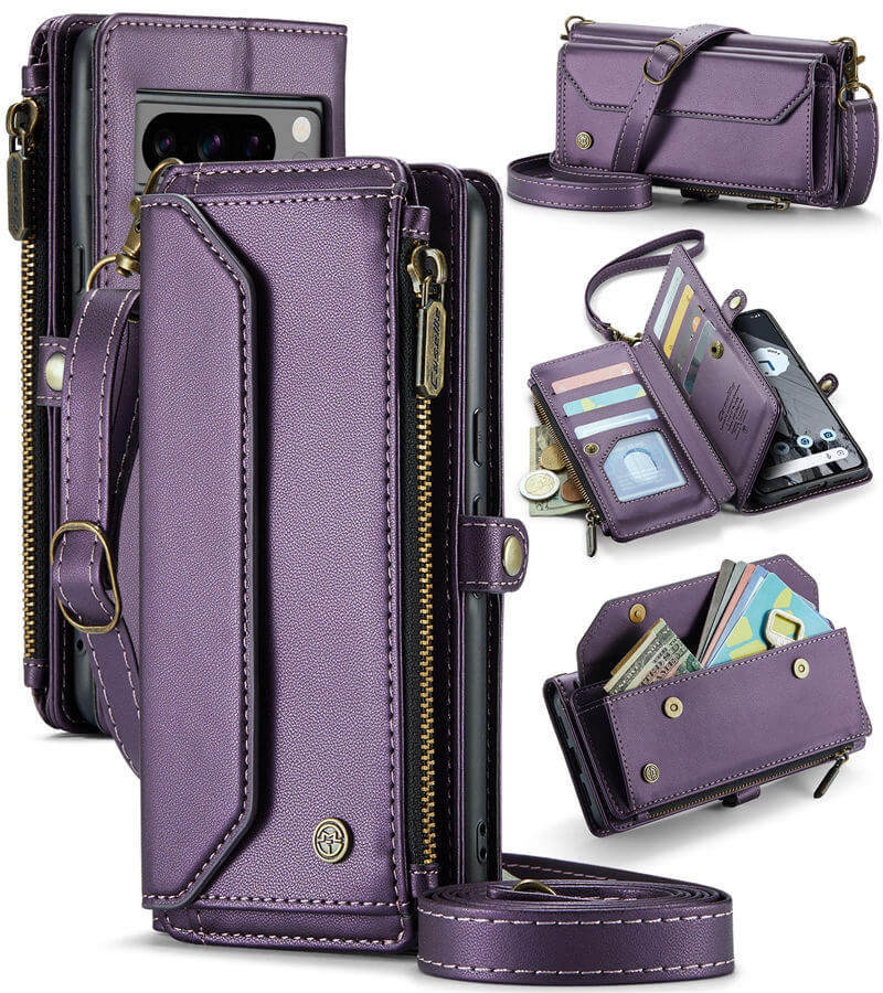 CaseMe Google Pixel 8 Pro Wallet RFID Blocking Crossbody Case Support Wireless Charging Purple