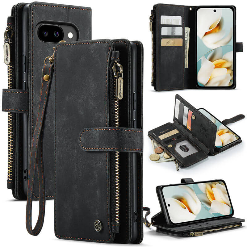 CaseMe Google Pixel 9A Wallet kickstand Case with Wrist Strap Black