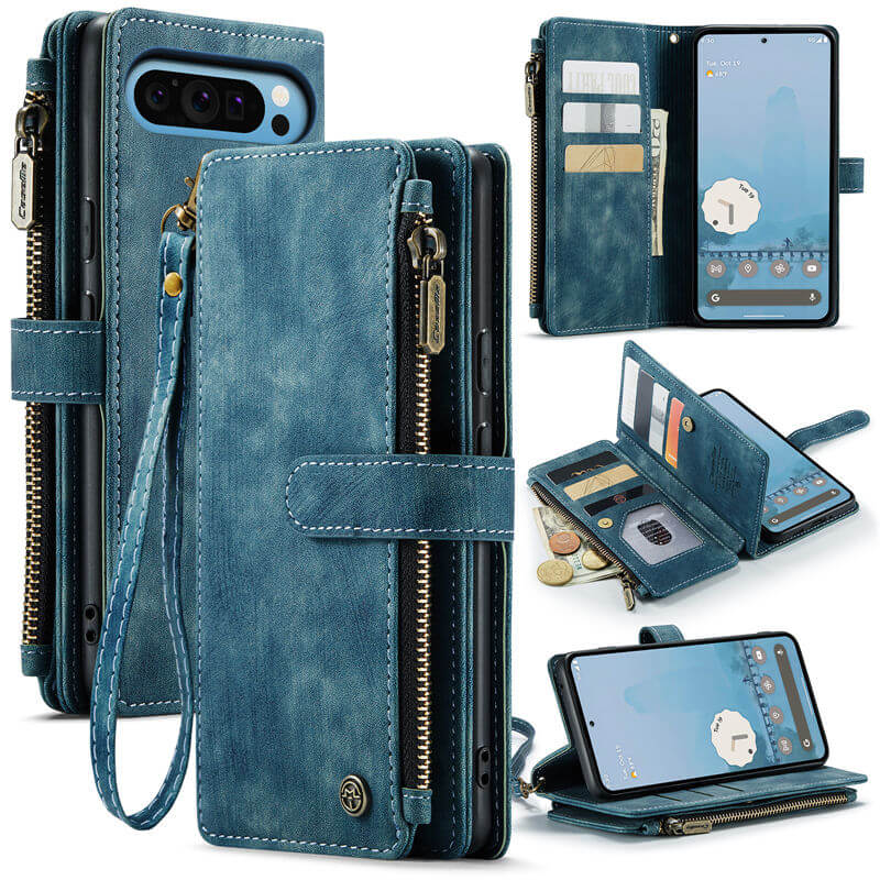 CaseMe Google Pixel 9 Pro XL Zipper Wallet Case with Wrist Strap Blue