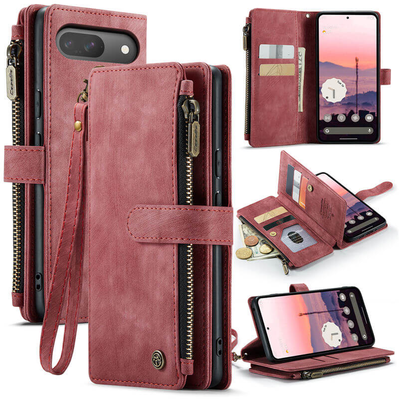 CaseMe Google Pixel 9/9 Pro Zipper Wallet Case with Wrist Strap Red