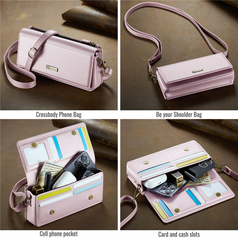 CaseMe 4.0-7.5 inch Phone Bag RFID Blocking Wallet Crossbody Bag Shoulder Bag Purse Pink