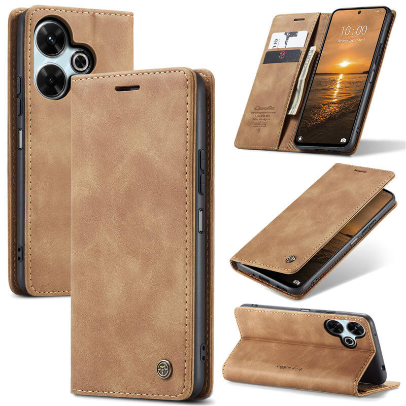 CaseMe Xiaomi Redmi 13 Wallet Suede Leather Case Brown