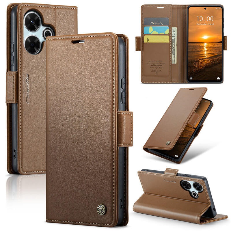 CaseMe Xiaomi Redmi 13 Wallet RFID Blocking Magnetic Buckle Case Brown