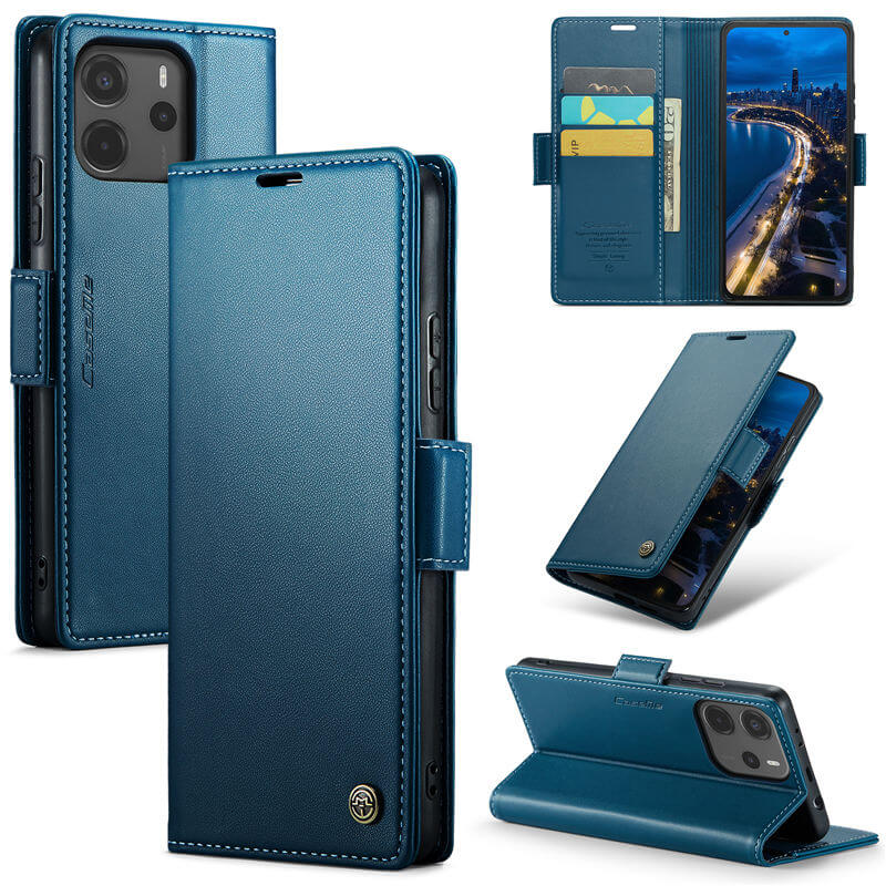 CaseMe Xiaomi Redmi Note 14 4G Wallet RFID Blocking Kickstand Magnetic Buckle Case Blue