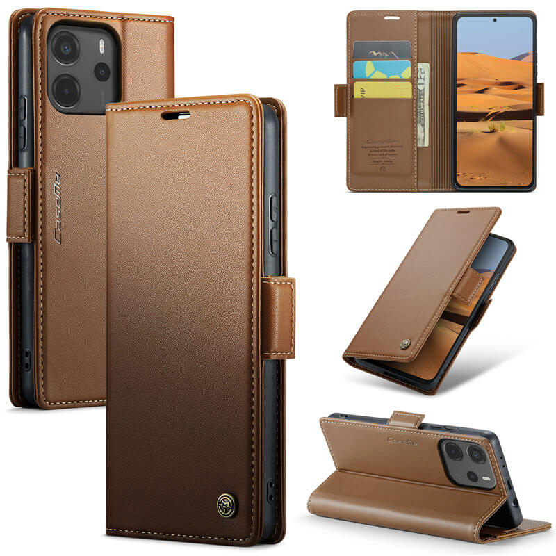 CaseMe Xiaomi Redmi Note 14 4G Wallet RFID Blocking Kickstand Magnetic Buckle Case Brown