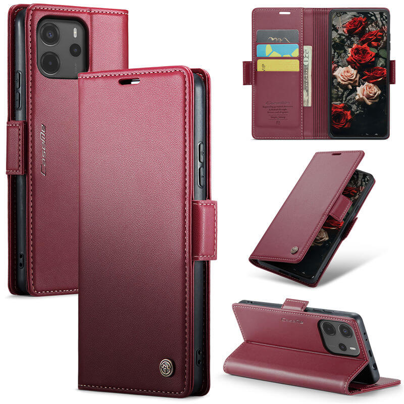 CaseMe Xiaomi Redmi Note 14 4G Wallet RFID Blocking Kickstand Magnetic Buckle Case Red