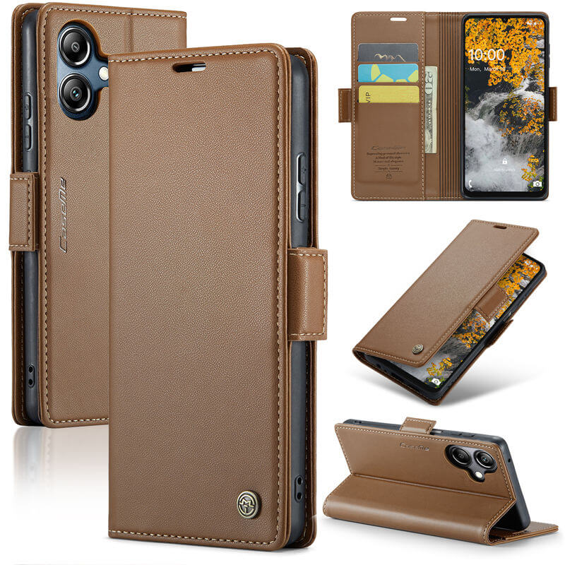 CaseMe Samsung Galaxy A06 Wallet RFID Blocking Magnetic Buckle Case Brown