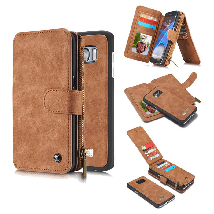 CaseMe Samsung Galaxy S7 Edge Zipper Wallet Detachable 2 in 1 Flip Case Brown