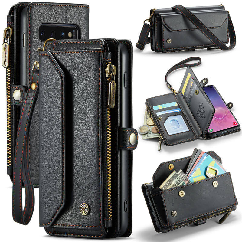 CaseMe Samsung Galaxy S10 Wallet RFID Blocking Crossbody Case Support Wireless Charging Black