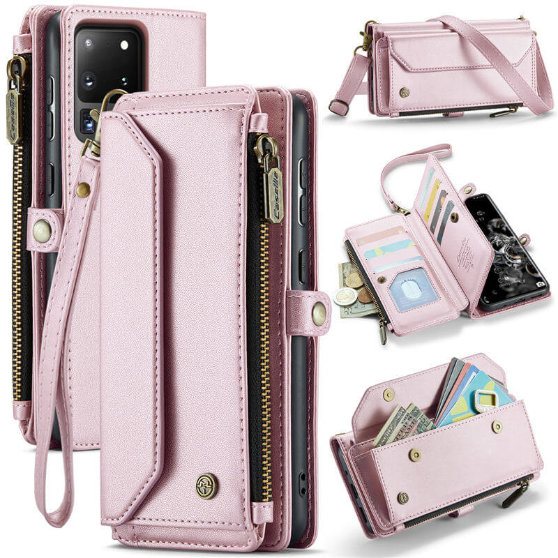 CaseMe Samsung Galaxy S20 Ultra Wallet RFID Blocking Crossbody Case Support Wireless Charging Pink