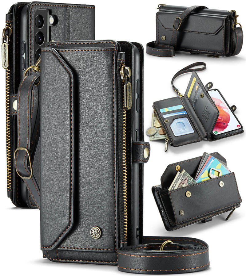 CaseMe Samsung Galaxy S21 Wallet RFID Blocking Crossbody Case Support Wireless Charging Black