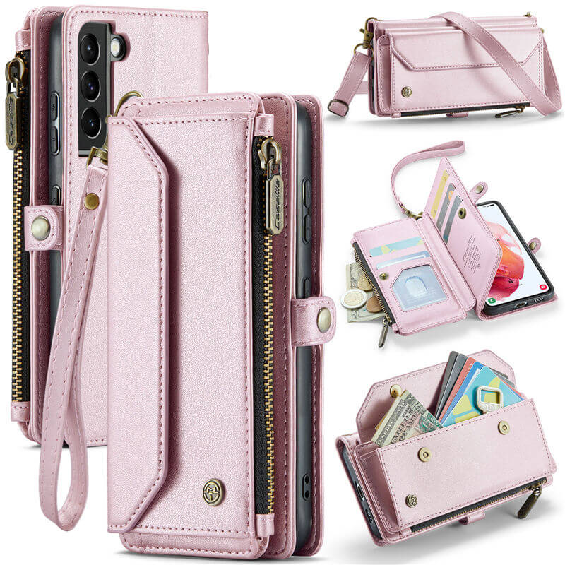 CaseMe Samsung Galaxy S21 Wallet RFID Blocking Crossbody Case Support Wireless Charging Pink