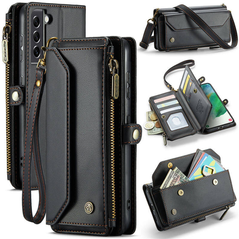 CaseMe Samsung Galaxy S21 FE Wallet RFID Blocking Crossbody Case Support Wireless Charging Black