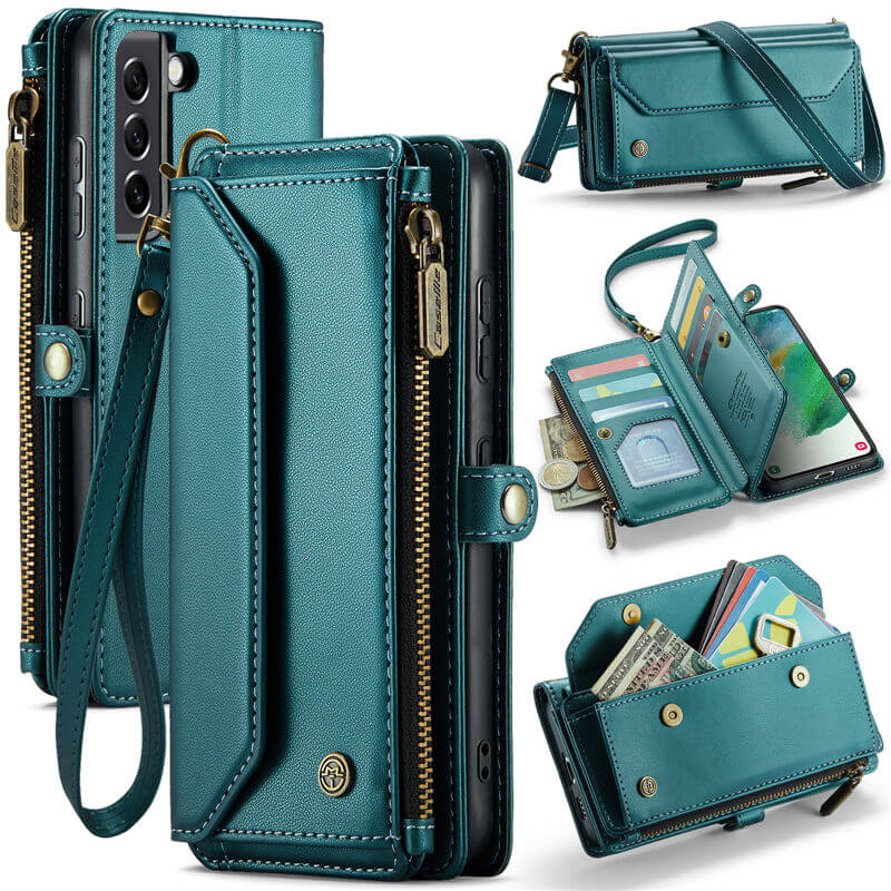 CaseMe Samsung Galaxy S21 FE Wallet RFID Blocking Crossbody Case Support Wireless Charging Green