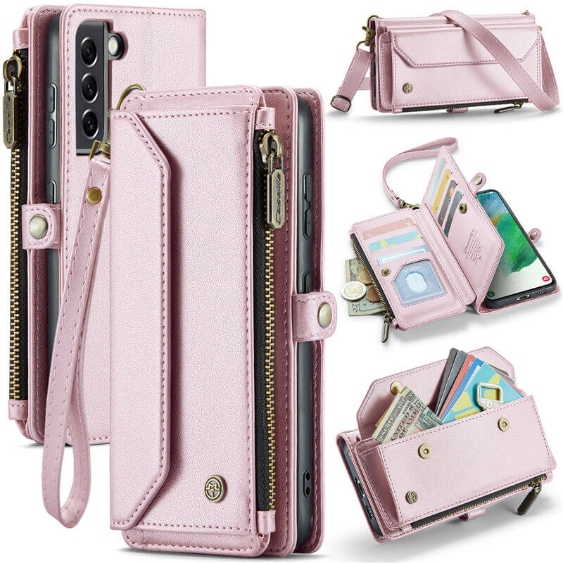 CaseMe Samsung Galaxy S21 FE Wallet RFID Blocking Crossbody Case Support Wireless Charging Pink