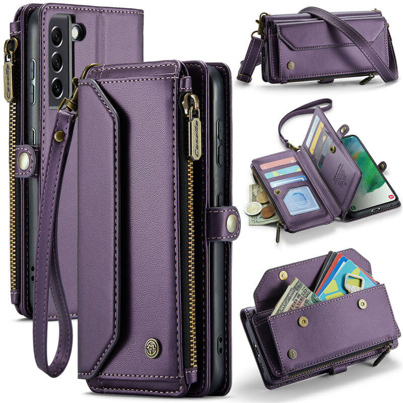 CaseMe Samsung Galaxy S21 FE Wallet RFID Blocking Crossbody Case Support Wireless Charging Purple