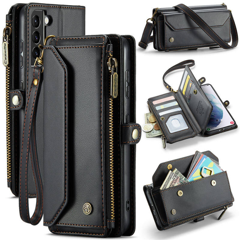 CaseMe Samsung Galaxy S21 Plus Wallet RFID Blocking Crossbody Case Support Wireless Charging Black