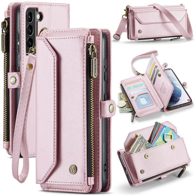 CaseMe Samsung Galaxy S21 Plus Wallet RFID Blocking Crossbody Case Support Wireless Charging Pink