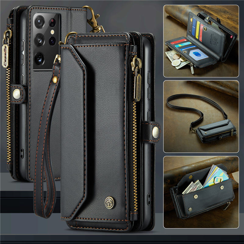 CaseMe Samsung Galaxy S21 Ultra Wallet RFID Blocking Crossbody Case Support Wireless Charging Black