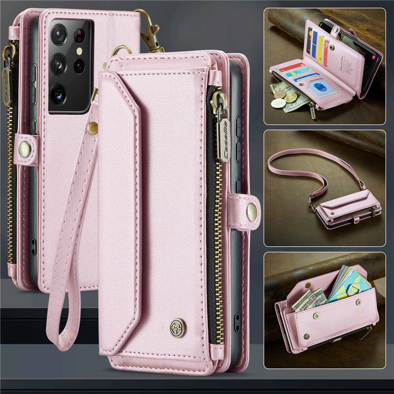 CaseMe Samsung Galaxy S21 Ultra Wallet RFID Blocking Crossbody Case Support Wireless Charging Pink