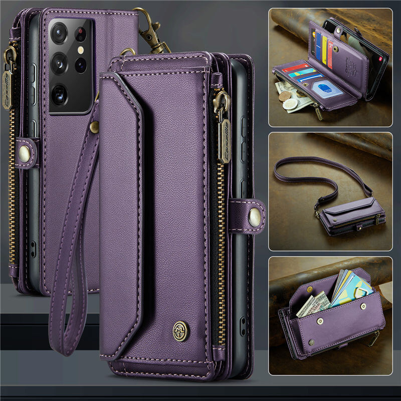 CaseMe Samsung Galaxy S21 Ultra Wallet RFID Blocking Crossbody Case Support Wireless Charging Purple