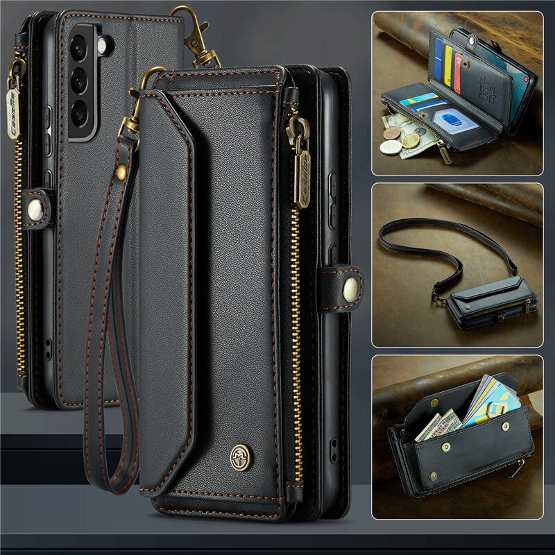 CaseMe Samsung Galaxy S22 Wallet RFID Blocking Crossbody Case Support Wireless Charging Black