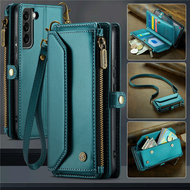 CaseMe Samsung Galaxy S22 Wallet RFID Blocking Crossbody Case Support Wireless Charging Green