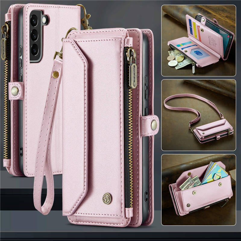 CaseMe Samsung Galaxy S22 Wallet RFID Blocking Crossbody Case Support Wireless Charging Pink