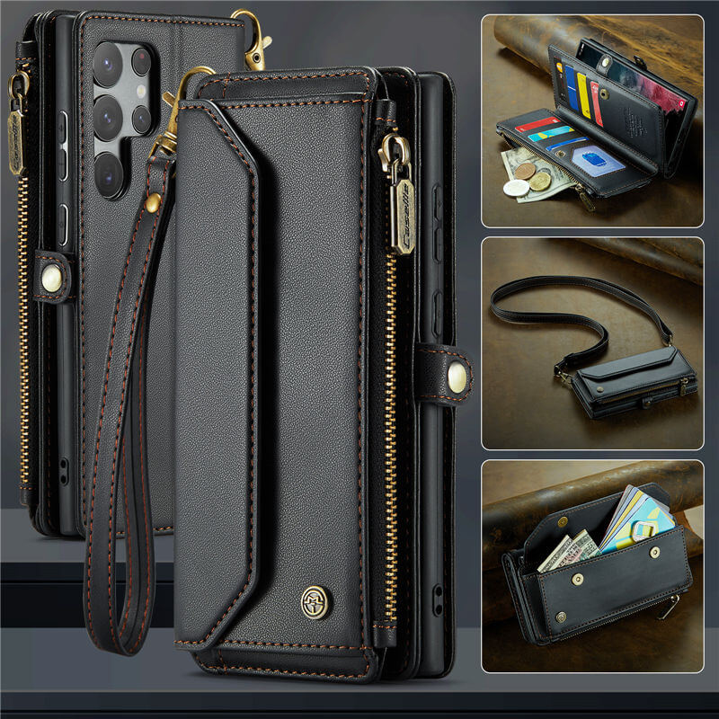 CaseMe Samsung Galaxy S22 Ultra Wallet RFID Blocking Crossbody Case Support Wireless Charging Black