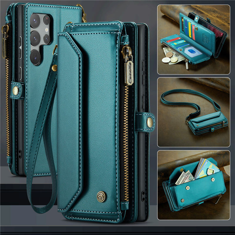 CaseMe Samsung Galaxy S22 Ultra Wallet RFID Blocking Crossbody Case Support Wireless Charging Green