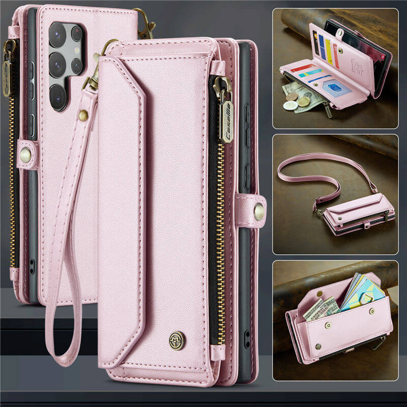 CaseMe Samsung Galaxy S22 Ultra Wallet RFID Blocking Crossbody Case Support Wireless Charging Pink