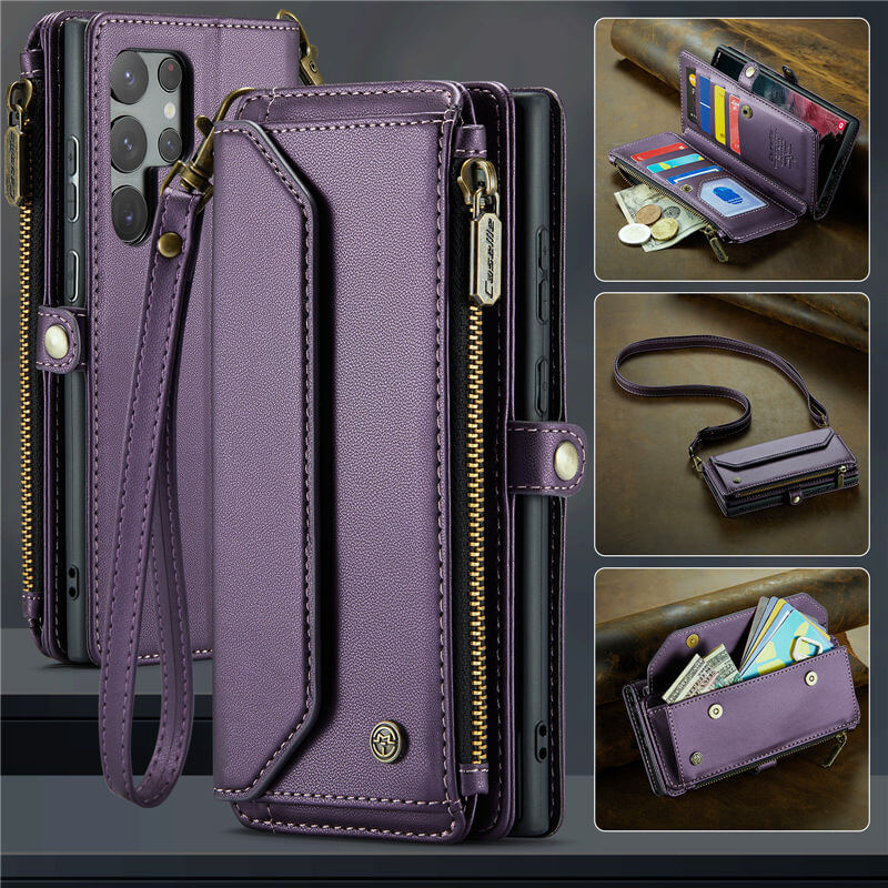 CaseMe Samsung Galaxy S22 Ultra Wallet RFID Blocking Crossbody Case Support Wireless Charging Purple