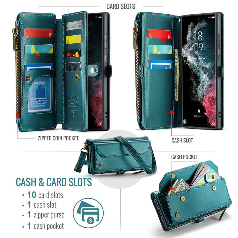 CaseMe Samsung Galaxy S22 Ultra Wallet RFID Blocking Crossbody Phone Case