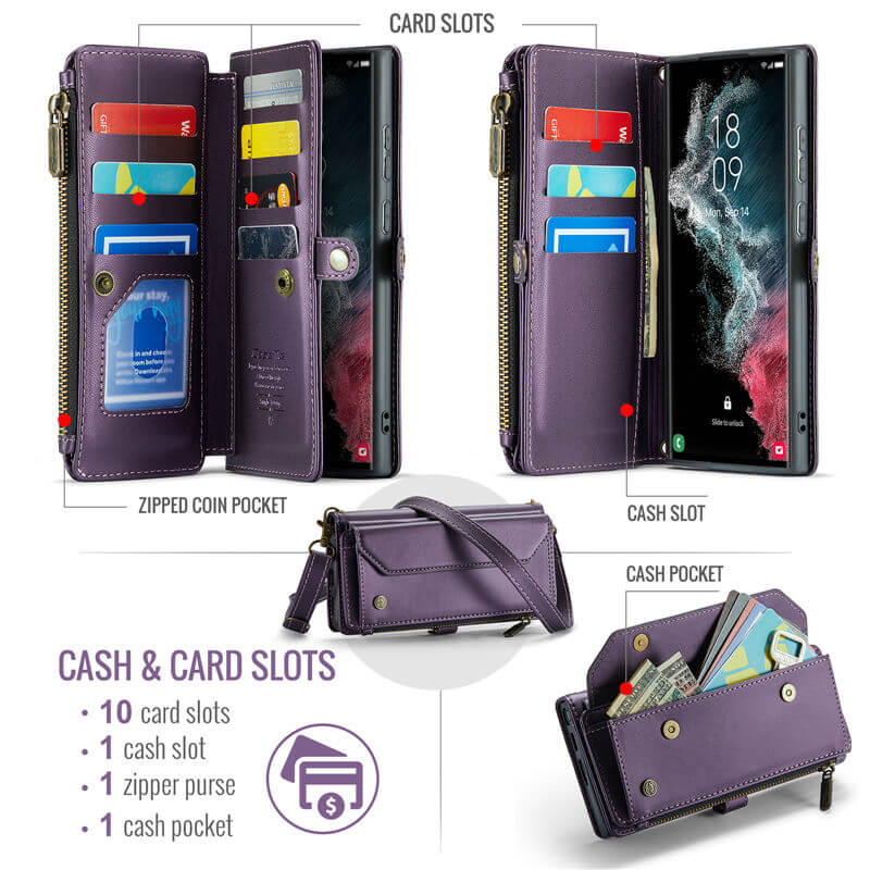 CaseMe Samsung Galaxy S22 Ultra Wallet RFID Blocking Crossbody Phone Case